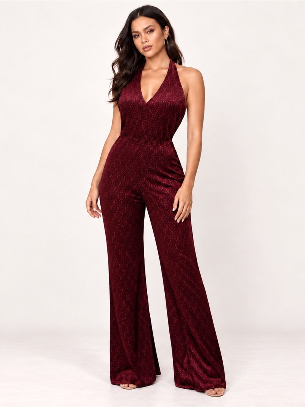 Motel Rocks Moody Maroon Burgundy Metallic Halter Wide Leg Jumpsuit 70s Party